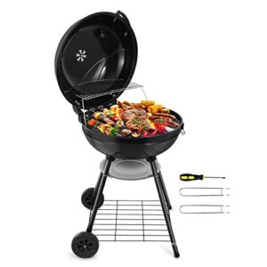hasteel 22 inch charcoal grill, heavy duty kettle outdoor bbq grill with plastic wheels, large 355 square inches for camping backyard picnic patio barbecue cooking, round black enamel lid & bowl