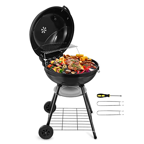 HaSteeL 22 Inch Charcoal Grill, Heavy Duty Kettle Outdoor BBQ Grill with Plastic Wheels, Large 355 Square Inches for Camping Backyard Picnic Patio Barbecue Cooking, Round Black Enamel Lid & Bowl