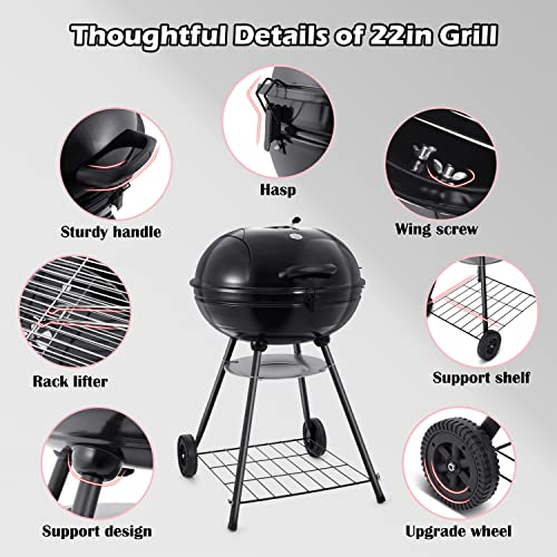 HaSteeL 22 Inch Charcoal Grill, Heavy Duty Kettle Outdoor BBQ Grill with Plastic Wheels, Large 355 Square Inches for Camping Backyard Picnic Patio Barbecue Cooking, Round Black Enamel Lid & Bowl