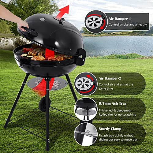 HaSteeL 22 Inch Charcoal Grill, Heavy Duty Kettle Outdoor BBQ Grill with Plastic Wheels, Large 355 Square Inches for Camping Backyard Picnic Patio Barbecue Cooking, Round Black Enamel Lid & Bowl