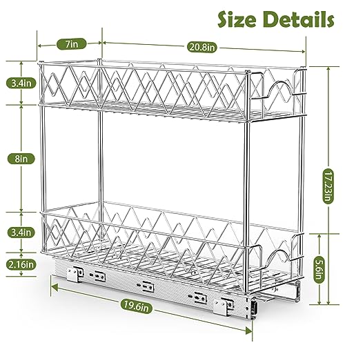 LYNNON 2 Tier Pull Out Cabinet Organizer Heavy Duty Pull Out Cabinet Drawer Sliding Cabinet Organizer Pull Out Shelves for Pantry, Kitchen, Bathroom,(7''Wx21''Dx17.3''H) - Chrome