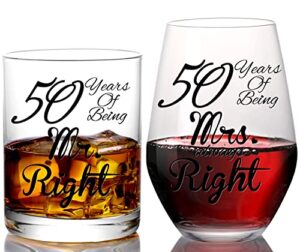 50th wedding anniversary - 50th wedding gifts for dad, mom, husband, wife, 50th wedding anniversary decorations, 50th gifts for parents-wine&whiskey glass gift for mr and mrs,his and hers18.5,13.8oz