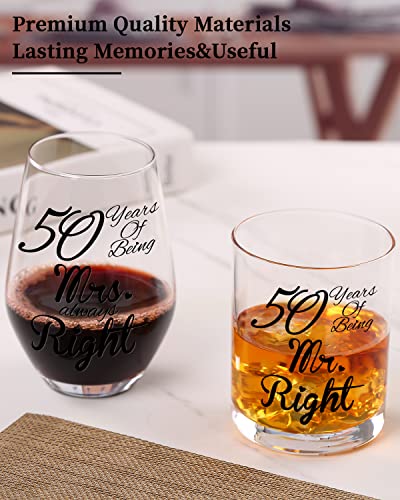 50th Wedding Anniversary - 50th Wedding Gifts for Dad, Mom, Husband, Wife, 50th Wedding Anniversary Decorations, 50th Gifts for Parents-Wine&Whiskey Glass Gift for Mr and Mrs,His and Hers18.5,13.8OZ