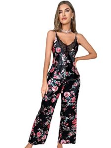 wdirara women's satin pajamas floral backless camisole and pants summer pj lounge set black s
