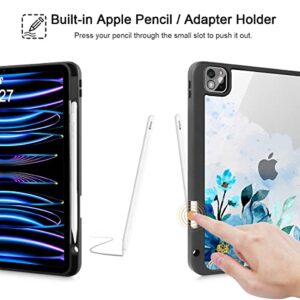 Lepeoac Designed for iPad Pro 12.9 Inch (2022/2021/2020/2018, 6th/5th/4th/3st Generation) with Transparent Shockproof Back Cover [Built-in Pencil Holder] Auto Sleep/Wake, Blue Flower