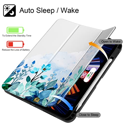 Lepeoac Designed for iPad Pro 12.9 Inch (2022/2021/2020/2018, 6th/5th/4th/3st Generation) with Transparent Shockproof Back Cover [Built-in Pencil Holder] Auto Sleep/Wake, Blue Flower