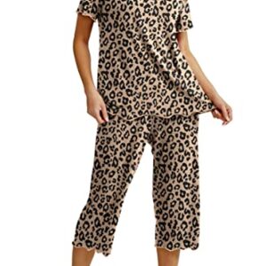 PrinStory Pajamas for Women Set Women Pj Set Womens Capri Pjs Sets Lightweight Pajama Pants for Women Ladies Causal Lounge Wear Set (LD Khaki XL)