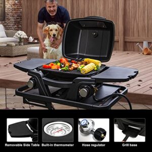Barpecyou Portable Gas Grill, 2-Burner Small BBQ Propane Grills Tabletop Gas Grill Outdoor Camping Grill 24000 BTU, Detachable Side Tables,Built in Thermometer, Black