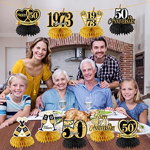 9Pcs 50th Anniversary Decorations Table Centerpeces, Black Gold Happy 50th Wedding Anniversary Honeycomb Centerpieces Party Supplies, Vintage 1973 Cheers to 50 Years Anniversary Table Topper Decor
