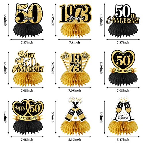 9Pcs 50th Anniversary Decorations Table Centerpeces, Black Gold Happy 50th Wedding Anniversary Honeycomb Centerpieces Party Supplies, Vintage 1973 Cheers to 50 Years Anniversary Table Topper Decor