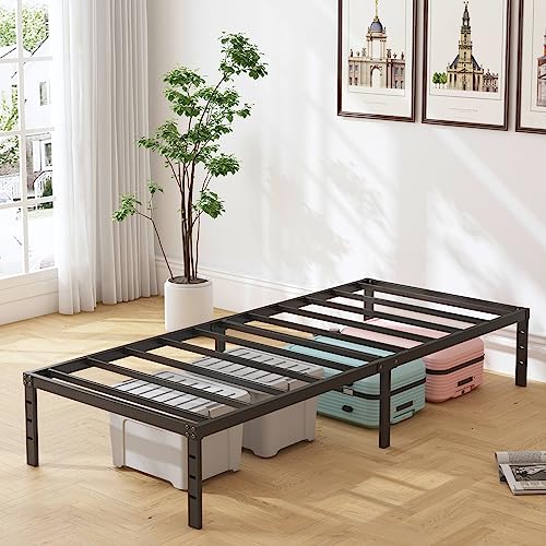 HOBINCHE 18 Inch Metal Twin Bed Frame No Box Spring Needed - Easy Assembly Heavy Duty Noise Free Narrow Bedframes - Single Black Basic Anti Squeak Steel Slats Platform with Storage