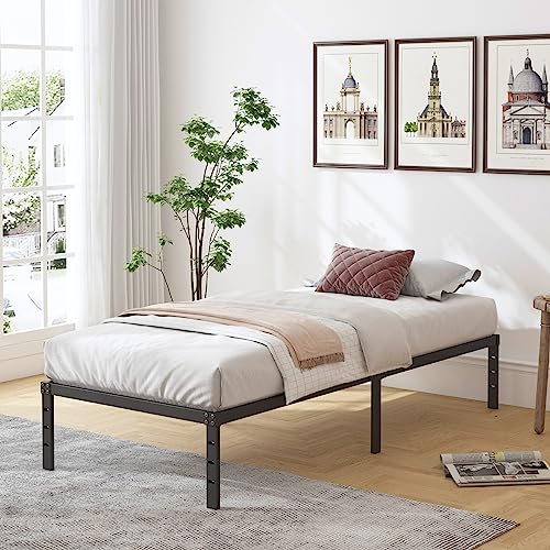 HOBINCHE 18 Inch Metal Twin Bed Frame No Box Spring Needed - Easy Assembly Heavy Duty Noise Free Narrow Bedframes - Single Black Basic Anti Squeak Steel Slats Platform with Storage
