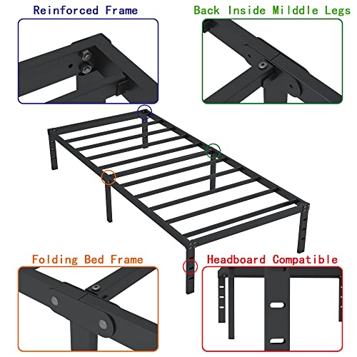 HOBINCHE 18 Inch Metal Twin Bed Frame No Box Spring Needed - Easy Assembly Heavy Duty Noise Free Narrow Bedframes - Single Black Basic Anti Squeak Steel Slats Platform with Storage