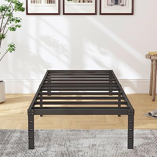 HOBINCHE 18 Inch Metal Twin Bed Frame No Box Spring Needed - Easy Assembly Heavy Duty Noise Free Narrow Bedframes - Single Black Basic Anti Squeak Steel Slats Platform with Storage