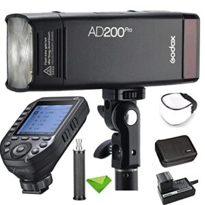 godox ad200 pro ad200pro w/xproii-s trigger for sony cameras, ttl flash 200ws 2.4g flash strobe, 1/8000 hss, 500 full power flashes, 0.01-1.8s recycling, 2900mah battery pocket flash monolight