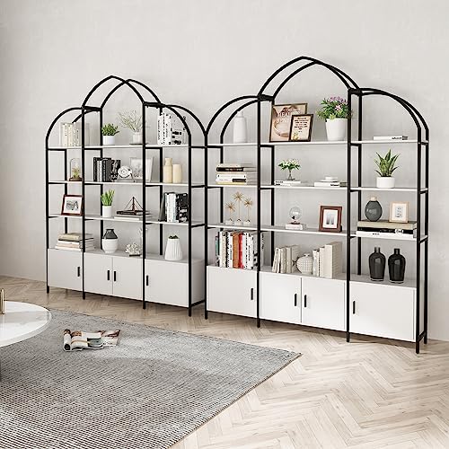 semoic Triple Wide 5-Tier Bookshelf, Extra Arched Bookcase with Storage Cabinet, Modern Etagere Bookcase Tall Open Display Shelf for Home Office