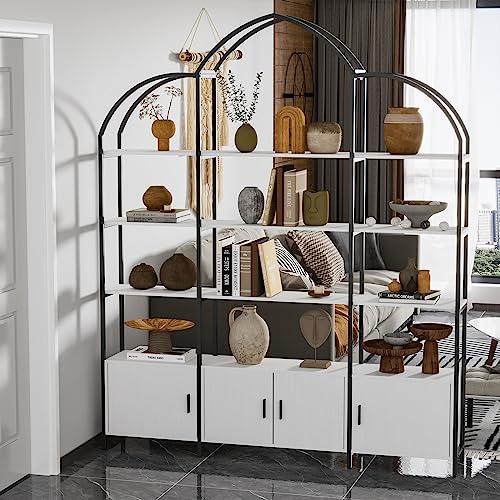 semoic Triple Wide 5-Tier Bookshelf, Extra Arched Bookcase with Storage Cabinet, Modern Etagere Bookcase Tall Open Display Shelf for Home Office