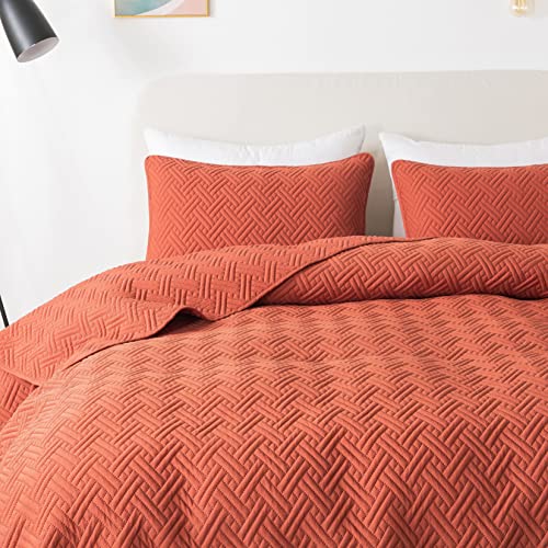 Burnt Orange Quilts Queen Size Bedding Sets with Pillow Shams, Red Lightweight Soft Bedspread Coverlet, Quilted Blanket Thin Comforter Bed Cover, All Season Summer Spring, 3 Pieces, 90x90 inches