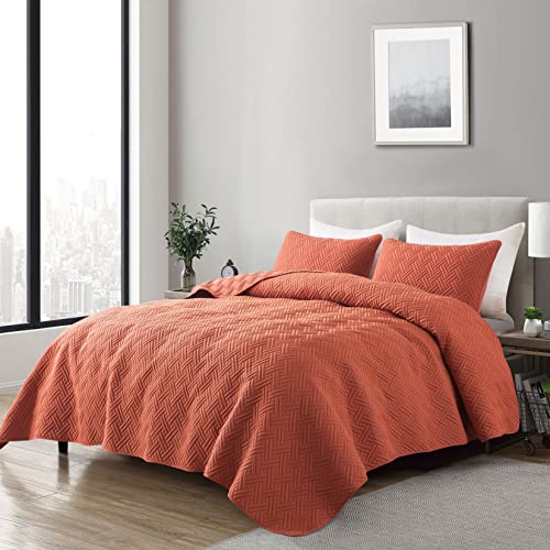 Burnt Orange Quilts Queen Size Bedding Sets with Pillow Shams, Red Lightweight Soft Bedspread Coverlet, Quilted Blanket Thin Comforter Bed Cover, All Season Summer Spring, 3 Pieces, 90x90 inches