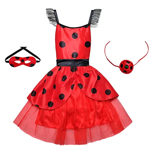 Oilzorr Ladybug Dress Costume for Girls with eye mask and Bag for Birthday Gifts Halloween Christmas 3Pcs Sets (9-10/150)