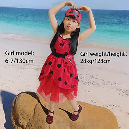 Oilzorr Ladybug Dress Costume for Girls with eye mask and Bag for Birthday Gifts Halloween Christmas 3Pcs Sets (9-10/150)