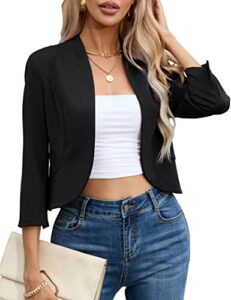 kojooin womens fall fashion 2023 casual business cropped blazer 3/4 sleeve collarless open front ruffle work office cardigan suit jacket shrug black small