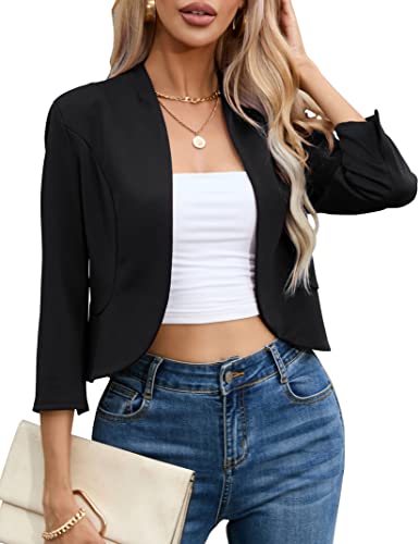 KOJOOIN Womens Fall Fashion 2023 Casual Business Cropped Blazer 3/4 Sleeve Collarless Open Front Ruffle Work Office Cardigan Suit Jacket Shrug Black Small