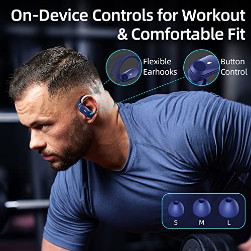 GOLREX Bluetooth Headphones Wireless Earbuds 36Hrs Playtime Wireless Charging Case Digital LED Display Over-Ear Earphones with Earhook Waterproof Headset with Mic for Sport Running Workout Blue