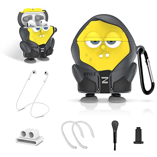 [7 in 1] Case for Airpods 2&1 Cute Funny Air Pods Cover, 3D Cartoon Character AirPod 2 Cover Silicone Protective Skin Boys Girls Fashion Kawaii Case for Apple Airpods1/2 with Keychain (Yellow)