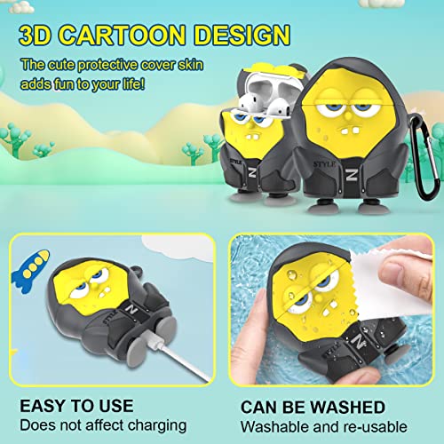 [7 in 1] Case for Airpods 2&1 Cute Funny Air Pods Cover, 3D Cartoon Character AirPod 2 Cover Silicone Protective Skin Boys Girls Fashion Kawaii Case for Apple Airpods1/2 with Keychain (Yellow)