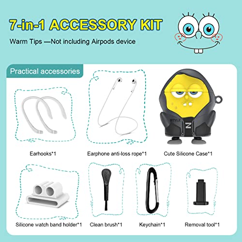 [7 in 1] Case for Airpods 2&1 Cute Funny Air Pods Cover, 3D Cartoon Character AirPod 2 Cover Silicone Protective Skin Boys Girls Fashion Kawaii Case for Apple Airpods1/2 with Keychain (Yellow)