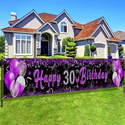 Purple 30th Birthday Decorations for Women, Black Purple Silver Happy 30th Birthday Yard Banner Purple 30th Birthday Yard Sign for 30th Birthday Anniversary Party Supplies Indoor Outdoor Decor