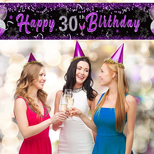 Purple 30th Birthday Decorations for Women, Black Purple Silver Happy 30th Birthday Yard Banner Purple 30th Birthday Yard Sign for 30th Birthday Anniversary Party Supplies Indoor Outdoor Decor