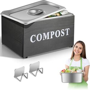 compost bin for kitchen counter,countertop compost bin with lid,kitchen compost bin indoor compost container,food waste bin,smell proof stainless steel insert 1.6 gallon and wood box black