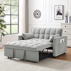velvet pull out sleeper sofa bed, convertible futon sofa bed with reclining back, modern pullout couch with 2 pillows and pockets, upholstered small loveseat for living room, guest room, dorm (grey)