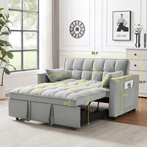 Velvet Pull Out Sleeper Sofa Bed, Convertible Futon Sofa Bed with Reclining Back, Modern Pullout Couch with 2 Pillows and Pockets, Upholstered Small Loveseat for Living Room, Guest Room, Dorm (Grey)