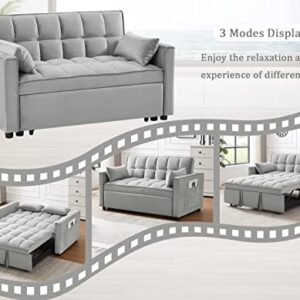 Velvet Pull Out Sleeper Sofa Bed, Convertible Futon Sofa Bed with Reclining Back, Modern Pullout Couch with 2 Pillows and Pockets, Upholstered Small Loveseat for Living Room, Guest Room, Dorm (Grey)