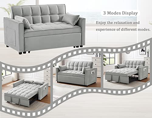 Velvet Pull Out Sleeper Sofa Bed, Convertible Futon Sofa Bed with Reclining Back, Modern Pullout Couch with 2 Pillows and Pockets, Upholstered Small Loveseat for Living Room, Guest Room, Dorm (Grey)