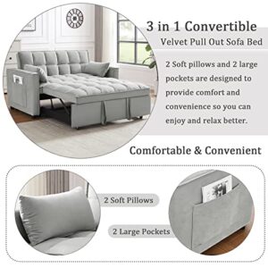 Velvet Pull Out Sleeper Sofa Bed, Convertible Futon Sofa Bed with Reclining Back, Modern Pullout Couch with 2 Pillows and Pockets, Upholstered Small Loveseat for Living Room, Guest Room, Dorm (Grey)