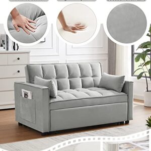 Velvet Pull Out Sleeper Sofa Bed, Convertible Futon Sofa Bed with Reclining Back, Modern Pullout Couch with 2 Pillows and Pockets, Upholstered Small Loveseat for Living Room, Guest Room, Dorm (Grey)