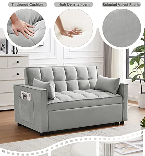 Velvet Pull Out Sleeper Sofa Bed, Convertible Futon Sofa Bed with Reclining Back, Modern Pullout Couch with 2 Pillows and Pockets, Upholstered Small Loveseat for Living Room, Guest Room, Dorm (Grey)