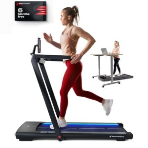 sportstech 2 in 1 treadmill + walking pad, slim portable under desk for home & office, remote control & tablet holder, heart rate led pulse, fitness live workout app, compact folding, no installation