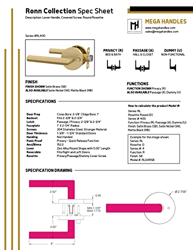 Mega Handles Privacy I Lever Door Handle Set for Hallway, Closet and Bathroom I Reversible Heavy Duty Design I Fits All Standard Door Sizes I Screws Included - Satin Brass (1 Pack)