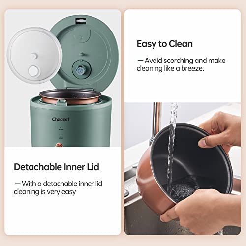 CHACEEF Mini Rice Cooker 2-Cups Uncooked, 1.2L Small Rice Cooker with Non-stick Pot, Mini Rice Maker with One Touch & Keep Warm Function, Food Steamer, Green