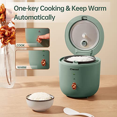 CHACEEF Mini Rice Cooker 2-Cups Uncooked, 1.2L Small Rice Cooker with Non-stick Pot, Mini Rice Maker with One Touch & Keep Warm Function, Food Steamer, Green