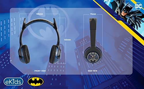 eKids Batman Kids Bluetooth Headphones, Wireless Headphones with Microphone Includes Aux Cord, Volume Reduced Kids Foldable Headphones for School, Home, or Travel