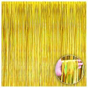 katchon, holographic gold fringe curtain backdrop - xtralarge, 3.25x8 feet | shiny gold backdrop curtains for parties | gold streamers backdrop, gold foil curtain for gold streamers party decorations