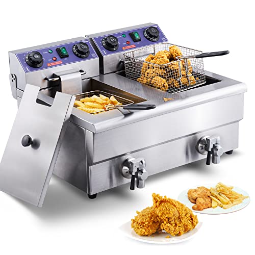 VEVOR Commercial Electric Deep Fryer, 22.7Qt Electric Oil Fryer w/Time Control & Oil Filtration, Stainless Steel Large Deep Fryer for Restaurant and Home Use, 3000W w/Dual Removable Basket, Silver