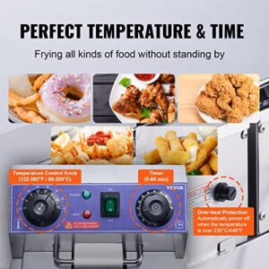 VEVOR Commercial Electric Deep Fryer, 22.7Qt Electric Oil Fryer w/Time Control & Oil Filtration, Stainless Steel Large Deep Fryer for Restaurant and Home Use, 3000W w/Dual Removable Basket, Silver