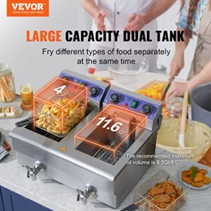 VEVOR Commercial Electric Deep Fryer, 22.7Qt Electric Oil Fryer w/Time Control & Oil Filtration, Stainless Steel Large Deep Fryer for Restaurant and Home Use, 3000W w/Dual Removable Basket, Silver